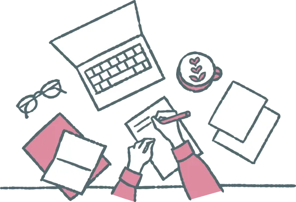 ノートにメモをしながらセミナーを受けている女性の手元イラスト